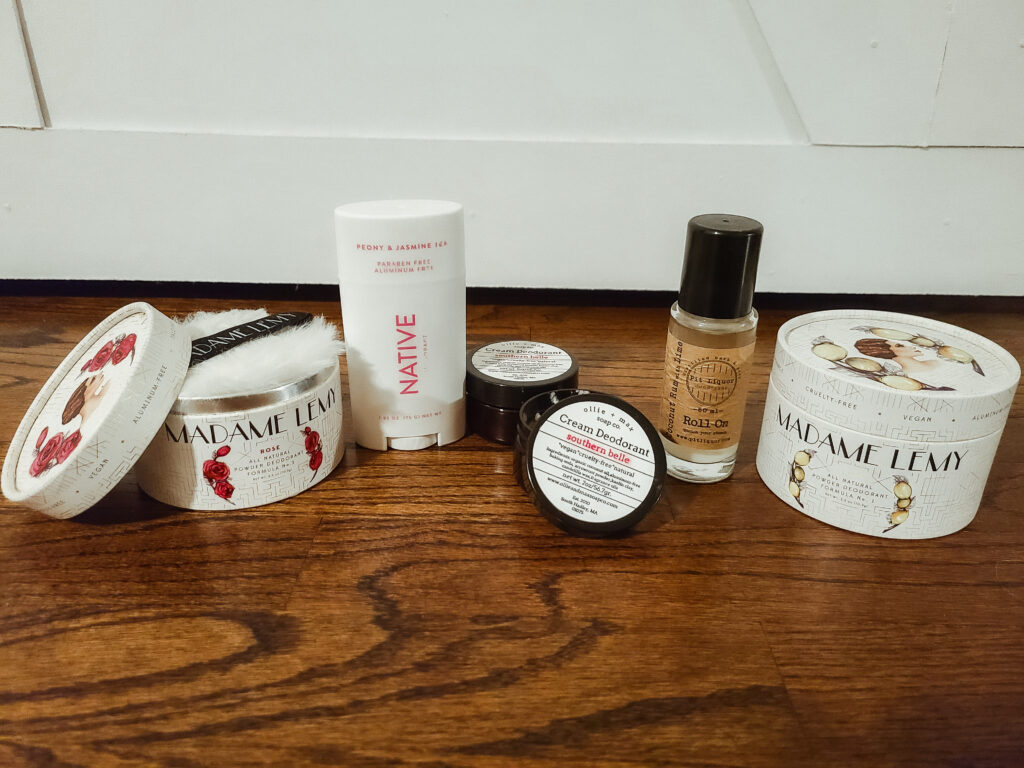 My current deodorant stash - Mademe Lemy, Ollie and Max Soap Co, Pit Liquor, and Native. 